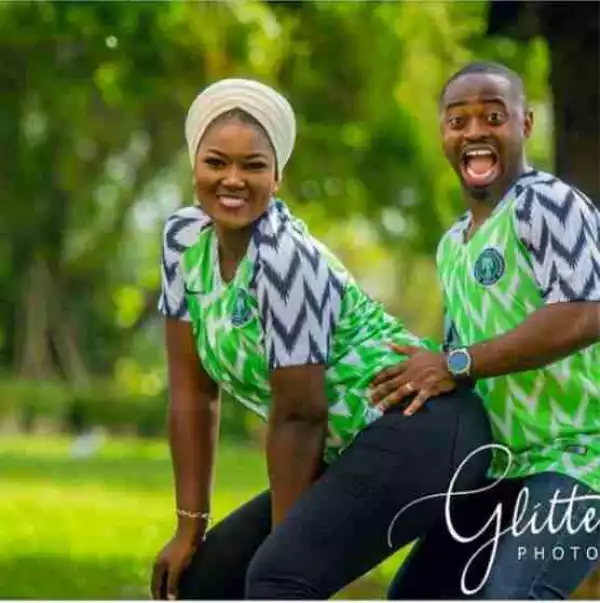Beautiful Couple Rocks Super Eagles Jersey In Doggy Pre-Wedding Photos